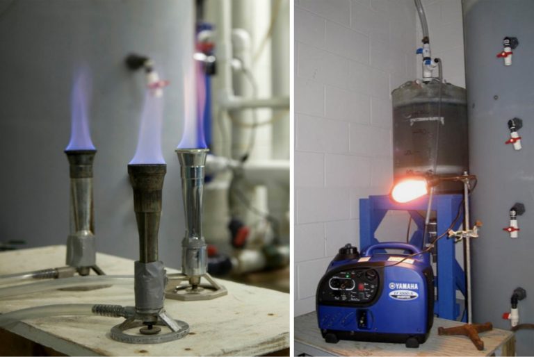 Fuel grade methane produced from solid waste at ARC is flammable (left) and generates electricity (right).